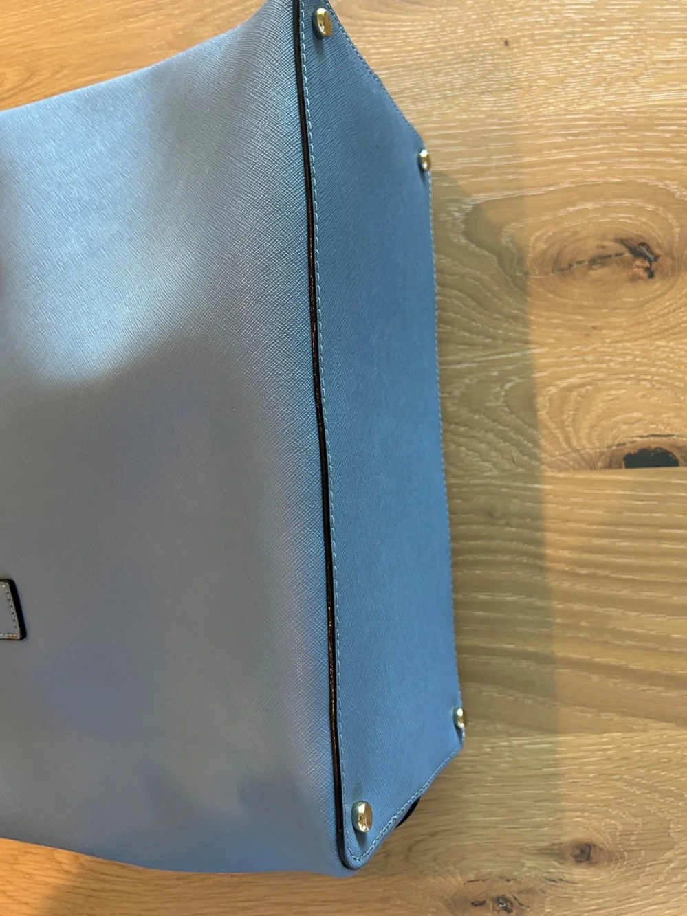 kate spade dusty blue saffiano tote with gold accents